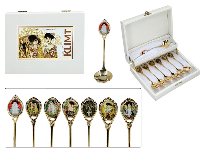 Carmani, komplet pozłacanych łyżeczek: 6x herbata + 1x cukier - GUSTAV KLIMT, mix