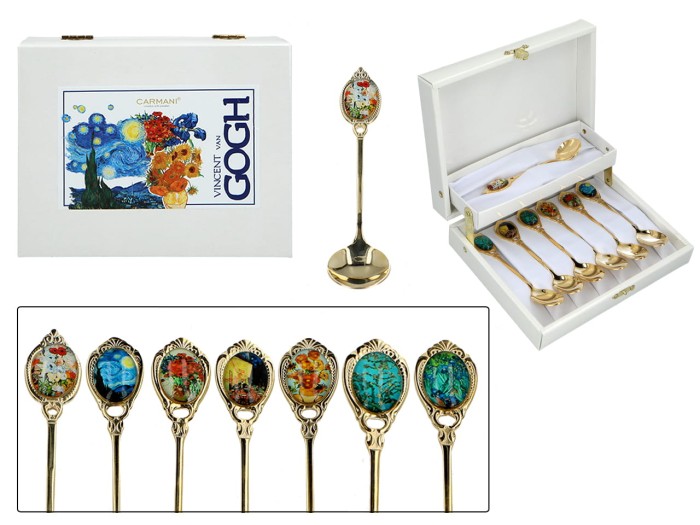 Carmani, komplet pozłacanych łyżeczek: 6x herbata + 1x cukier - VAN GOGH, mix