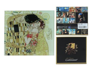 Carmani, szklana podkładka ok. 11,5x11,5cm - GUSTAV KLIMT/Pocałunek, kremowe tło