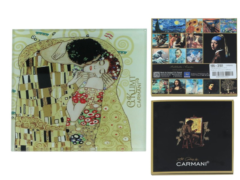 Carmani, szklana podkładka ok. 11,5x11,5cm - GUSTAV KLIMT/Pocałunek, kremowe tło