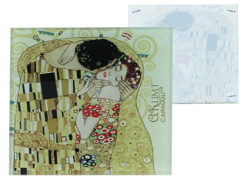 Carmani, szklana podkładka ok. 11,5x11,5cm - GUSTAV KLIMT/Pocałunek, kremowe tło