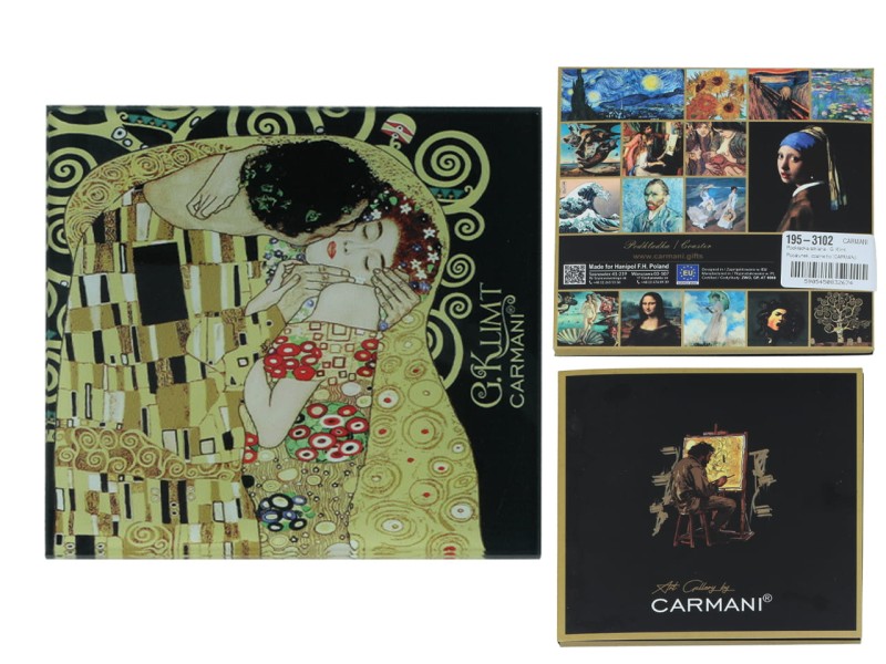Carmani, szklana podkładka ok. 11,5x11,5cm - GUSTAV KLIMT/Pocałunek, czarne tło