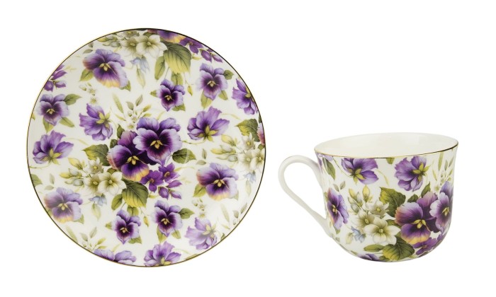 MCP, porcelanowa, duża filiżanka 370 ml + spodek - BRATKI, złocenia