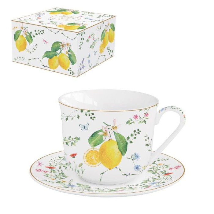 Easy Life/Nuova R2S, porcelanowa filiżanka 370ml + spodek - FLEURS ET CITRONS, cytryny