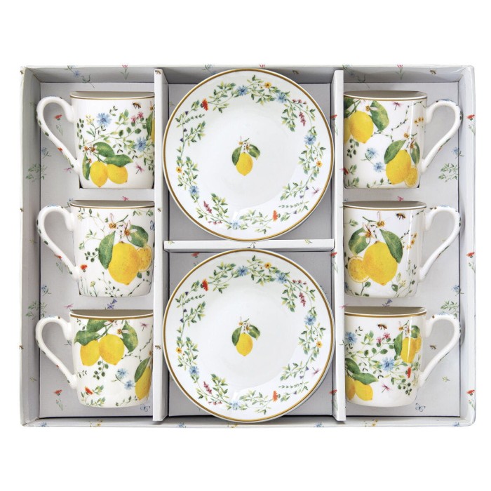 Easy Life/Nuova R2S, porcelanowy zestaw do kawy espresso: 6 filiżanek 100ml - FLEURS ET CITRONS, cytryny