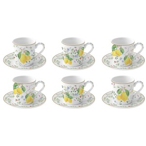 Easy Life/Nuova R2S, porcelanowy zestaw do kawy espresso: 6 filiżanek 100ml - FLEURS ET CITRONS, cytryny
