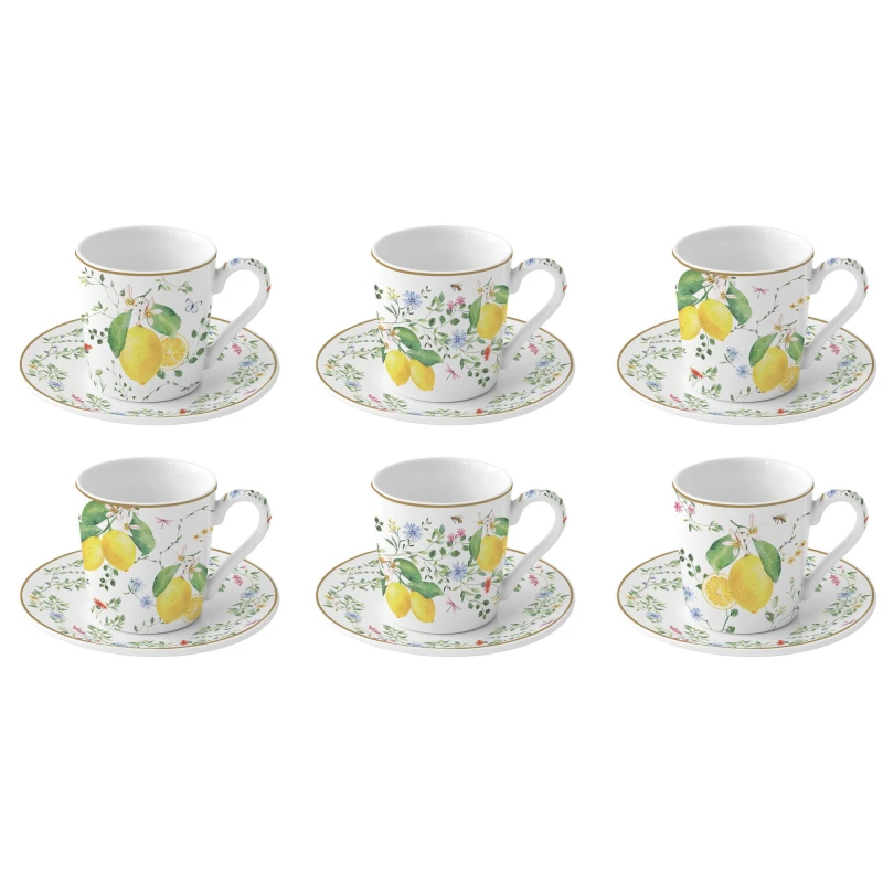 Easy Life/Nuova R2S, porcelanowy zestaw do kawy espresso: 6 filiżanek 100ml - FLEURS ET CITRONS, cytryny