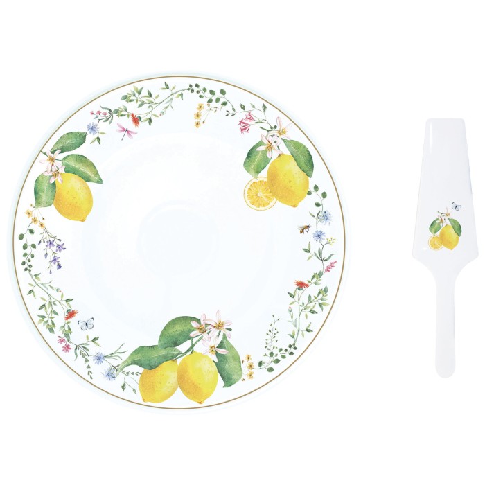 Easy Life/Nuova R2S, porcelanowy zestaw do ciasta: talerz 32cm + łopatka - FLEURS ET CITRONS, cytryny
