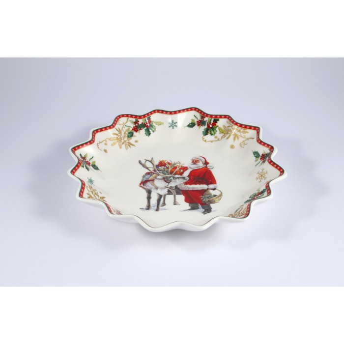Magnoble, porcelanowa paterka 23,5cm - MERRY CHRISTMAS, mikołaj z reniferem