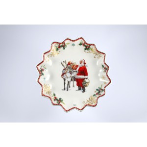 Magnoble, porcelanowa paterka 23,5cm - MERRY CHRISTMAS, mikołaj z reniferem