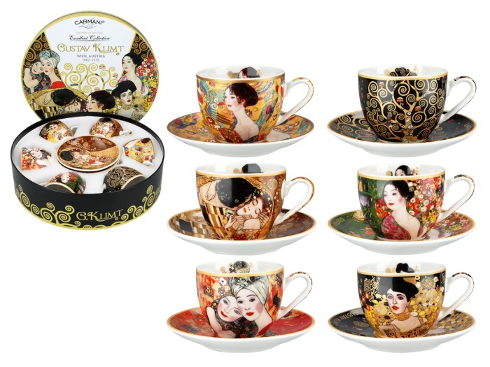 Carmani, kpl. 6 filiżanek-espresso 80ml w okrągłym pudełku - GUSTAV KLIMT, mix