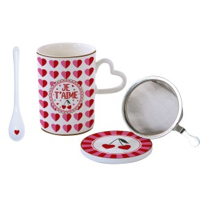Easy Life/Nuova R2S, porcelanowy kubek 350ml z przykrywką, łyżeczką i zaparzaczem - YOU and ME/LOVE