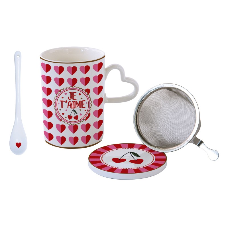 Easy Life/Nuova R2S, porcelanowy kubek 350ml z przykrywką, łyżeczką i zaparzaczem - YOU and ME/LOVE