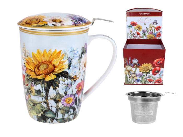 Carmani, kubek z zaparzaczem i przykrywką 600ml - LAURA LOZANO/Łąka kwietna ze słonecznikami