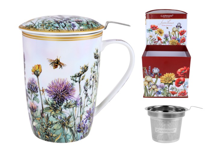 Carmani, kubek z zaparzaczem i przykrywką 600ml - LAURA LOZANO/Łąka kwietna z rumiankiem