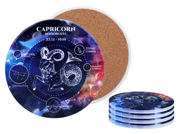 Carmani, 4x ceramiczna podkładka pod kubek, okrągła - ZNAKI ZODIAKU/Koziorożec