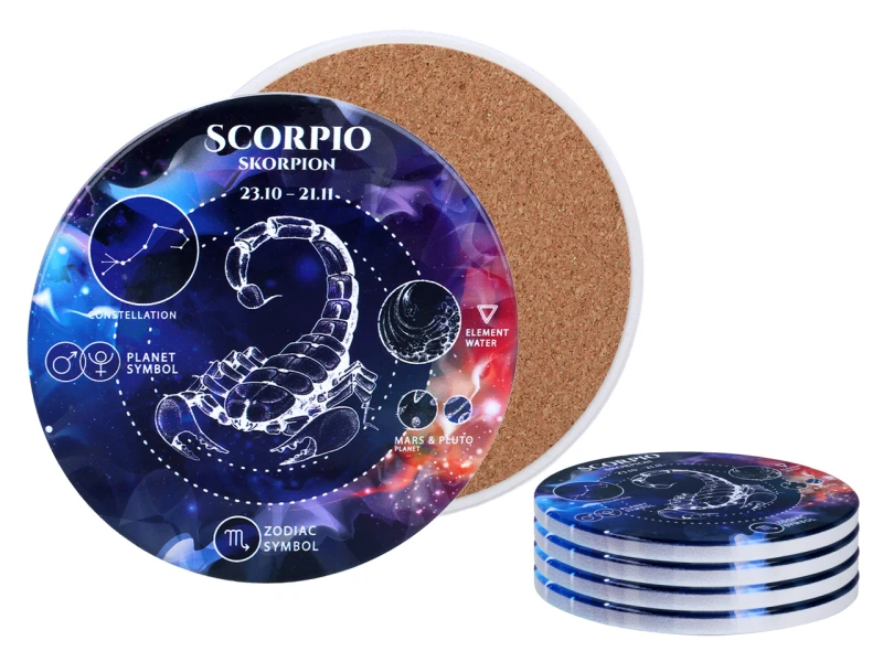 Carmani, 4x ceramiczna podkładka pod kubek, okrągła - ZNAKI ZODIAKU/Skorpion