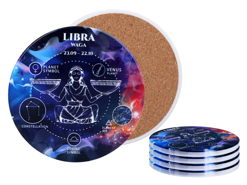 Carmani, 4x ceramiczna podkładka pod kubek, okrągła - ZNAKI ZODIAKU/Waga