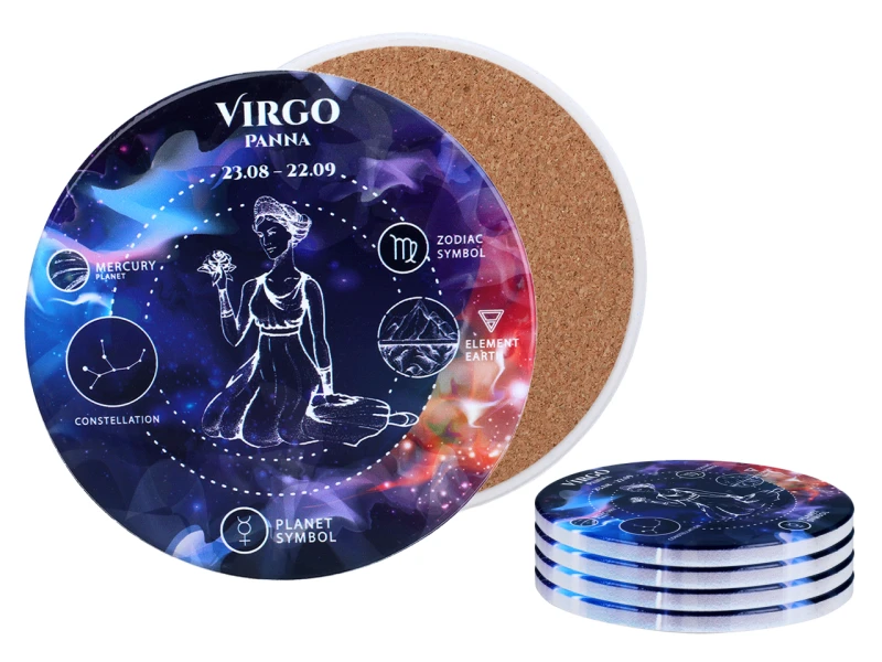 Carmani, 4x ceramiczna podkładka pod kubek, okrągła - ZNAKI ZODIAKU/Panna