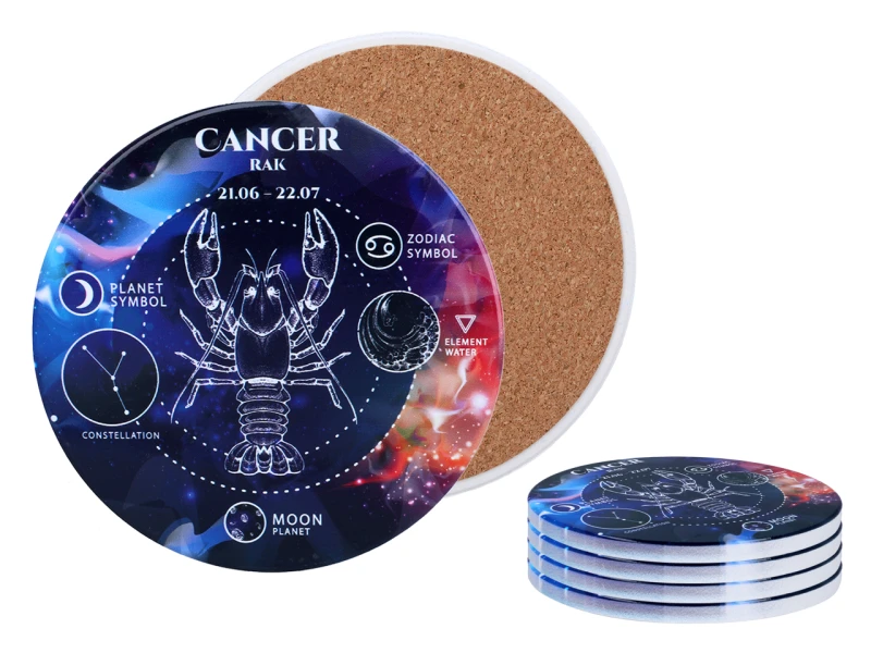 Carmani, 4x ceramiczna podkładka pod kubek, okrągła - ZNAKI ZODIAKU/Rak