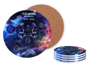 Carmani, 4x ceramiczna podkładka pod kubek, okrągła - ZNAKI ZODIAKU/Bliźnięta