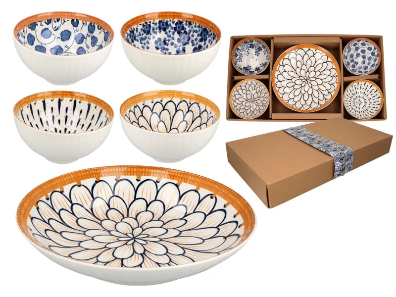 Porcelanowy kpl. 4 miseczek + talerz, 11.5x6cm