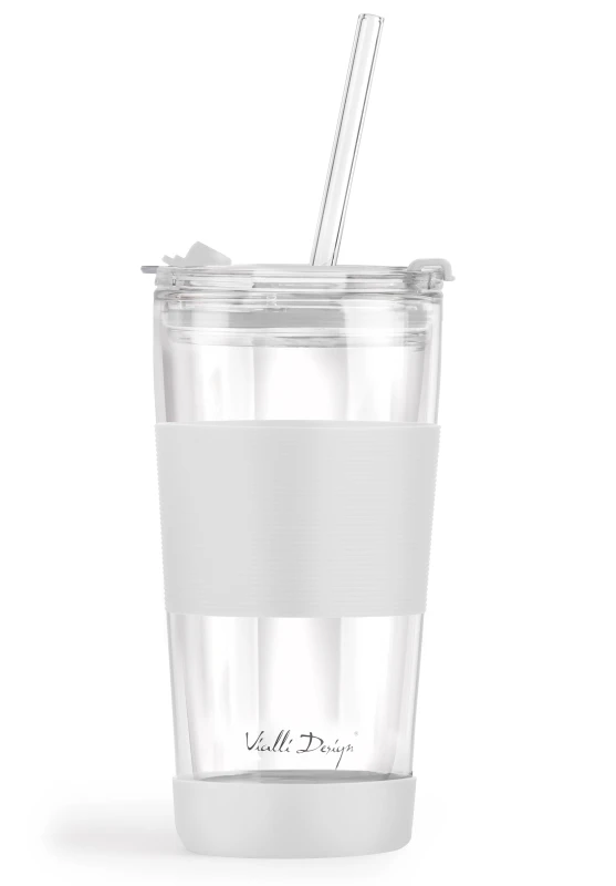 Kubek termiczny szklany ze słomką 600 ml biały Fuori 30404