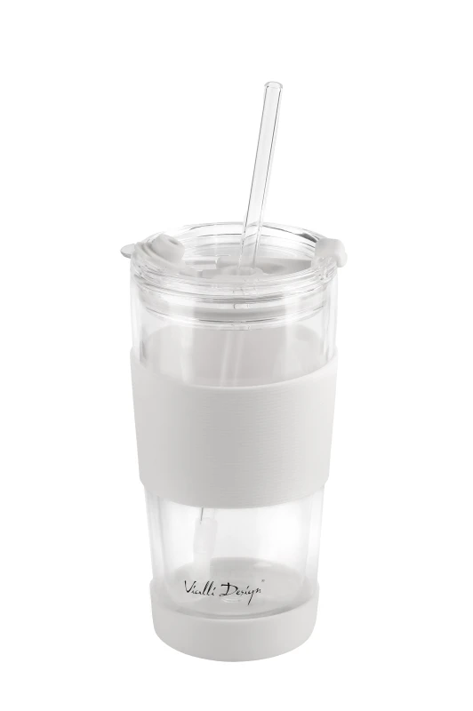 Kubek termiczny szklany ze słomką 600 ml biały Fuori 30404