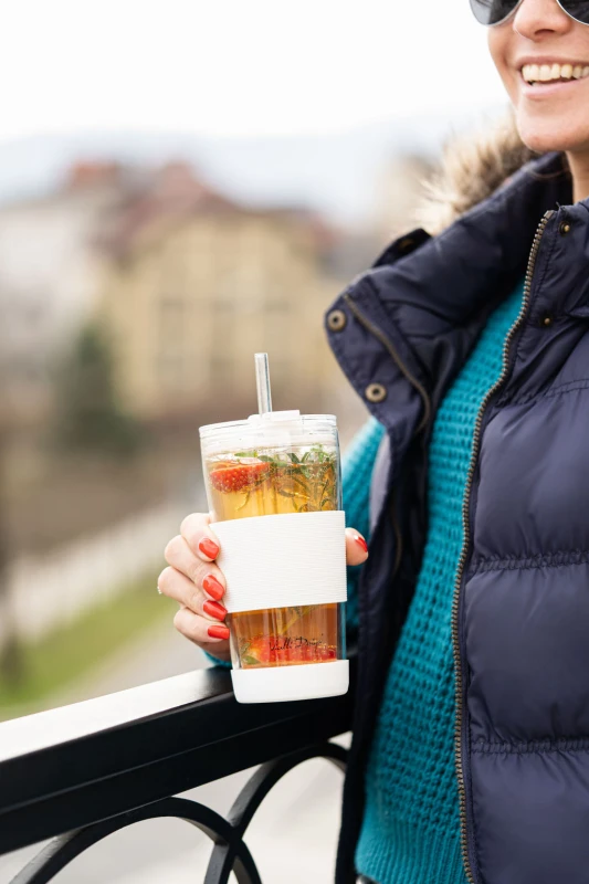 Kubek termiczny szklany ze słomką 600 ml biały Fuori 30404