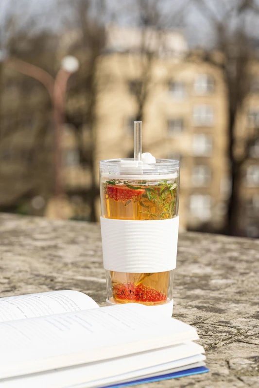 Kubek termiczny szklany ze słomką 600 ml biały Fuori 30404