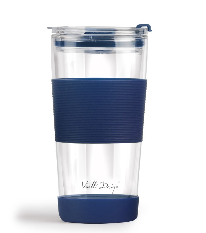 Kubek termiczny szklany ze słomką 600 ml granatowy Fuori 30381