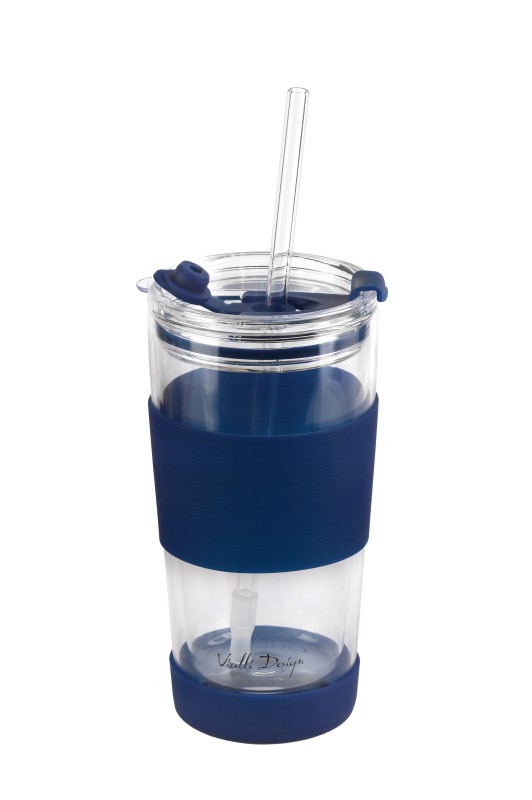 Kubek termiczny szklany ze słomką 600 ml granatowy Fuori 30381