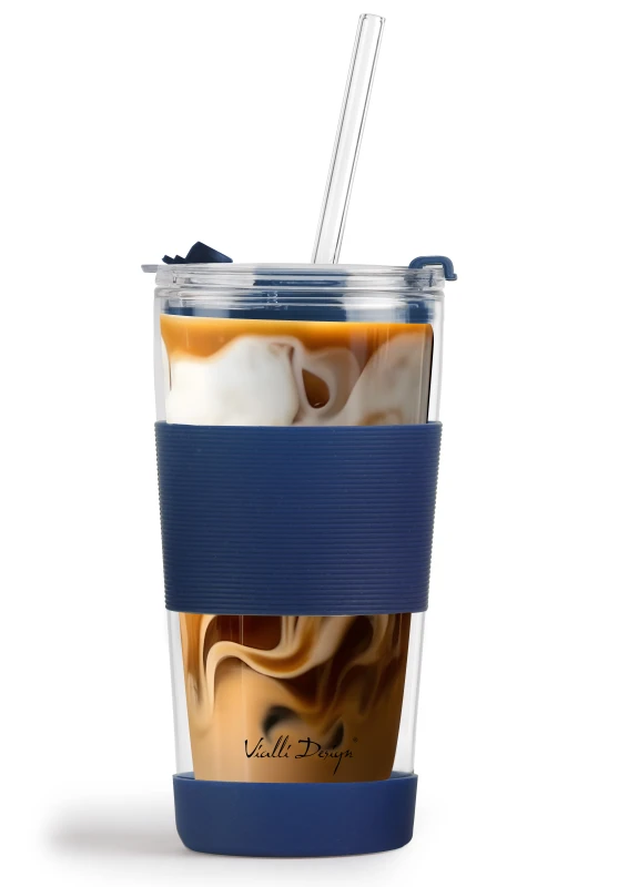 Kubek termiczny szklany ze słomką 600 ml granatowy Fuori 30381