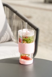 Kubek termiczny szklany ze słomką 600 ml różowy Fuori 30411