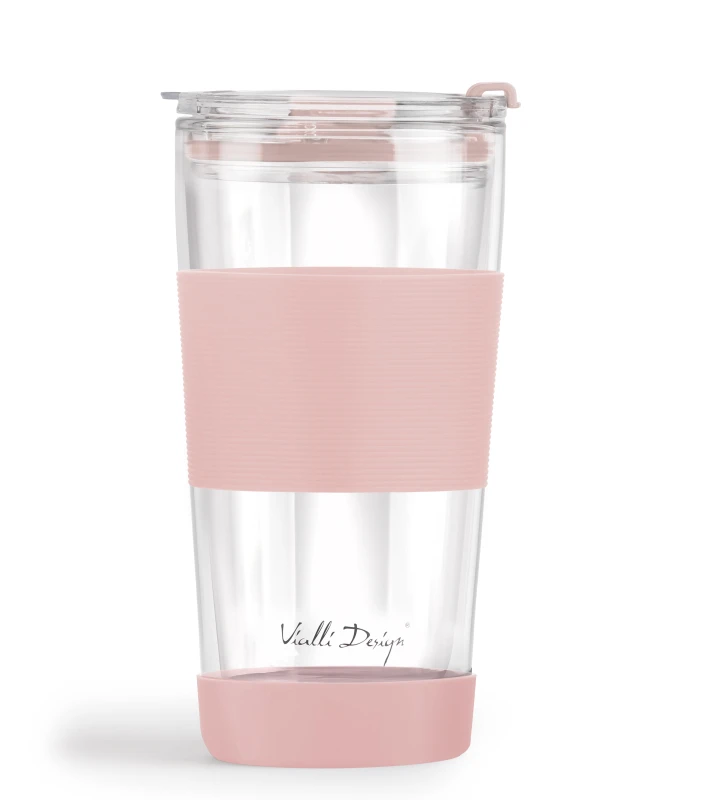 Kubek termiczny szklany ze słomką 600 ml różowy Fuori 30411