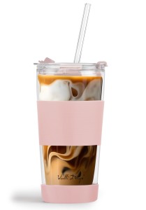 Kubek termiczny szklany ze słomką 600 ml różowy Fuori 30411