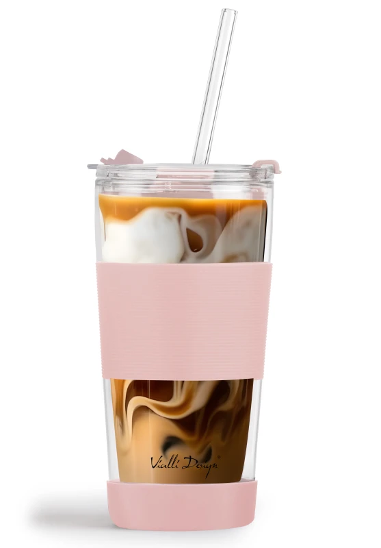 Kubek termiczny szklany ze słomką 600 ml różowy Fuori 30411