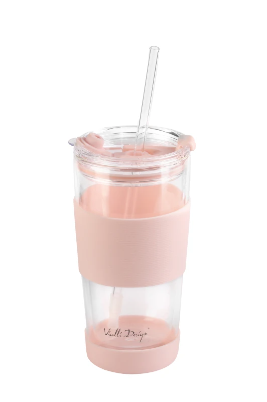 Kubek termiczny szklany ze słomką 600 ml różowy Fuori 30411