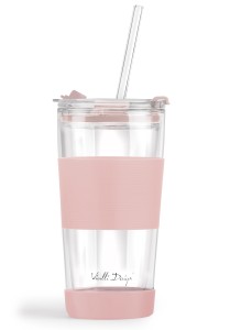 Kubek termiczny szklany ze słomką 600 ml różowy Fuori 30411