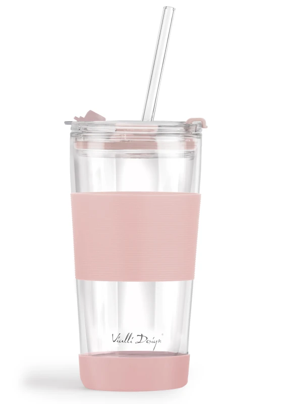 Kubek termiczny szklany ze słomką 600 ml różowy Fuori 30411