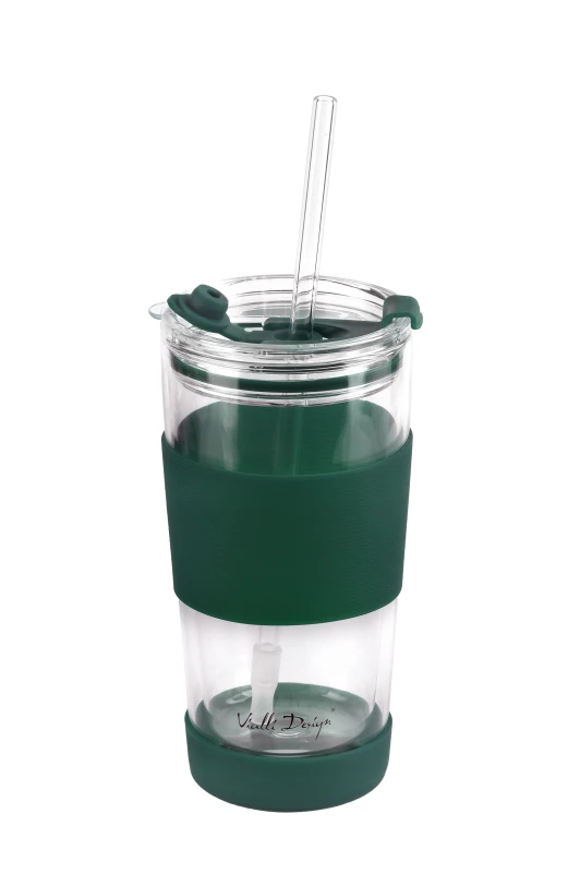 Kubek termiczny szklany ze słomką 600 ml zielony Fuori 30398