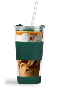 Kubek termiczny szklany ze słomką 600 ml zielony Fuori 30398