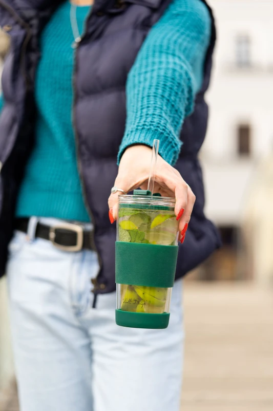 Kubek termiczny szklany ze słomką 600 ml zielony Fuori 30398