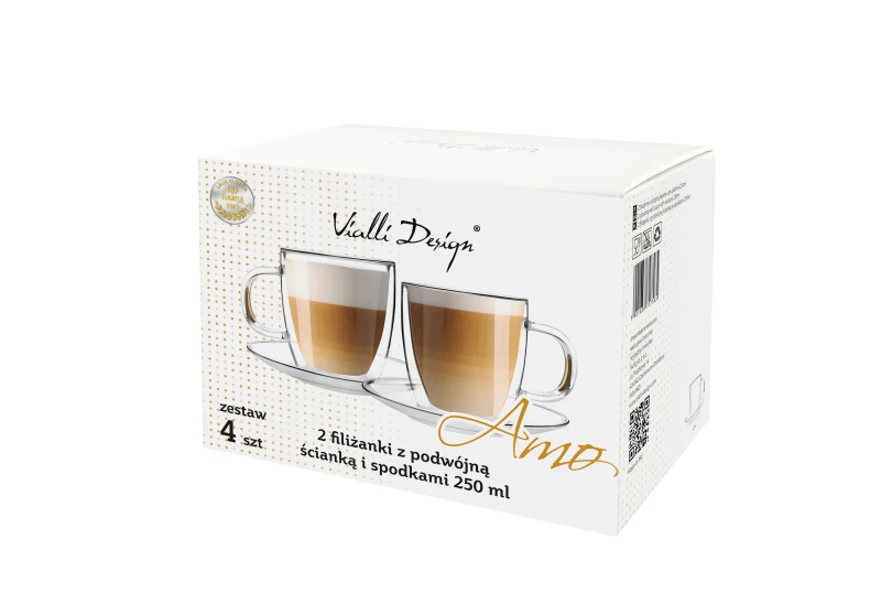 Komplet 2 filiżanek ze spodkami z podwójną ścianką 250ml Amo, szkło