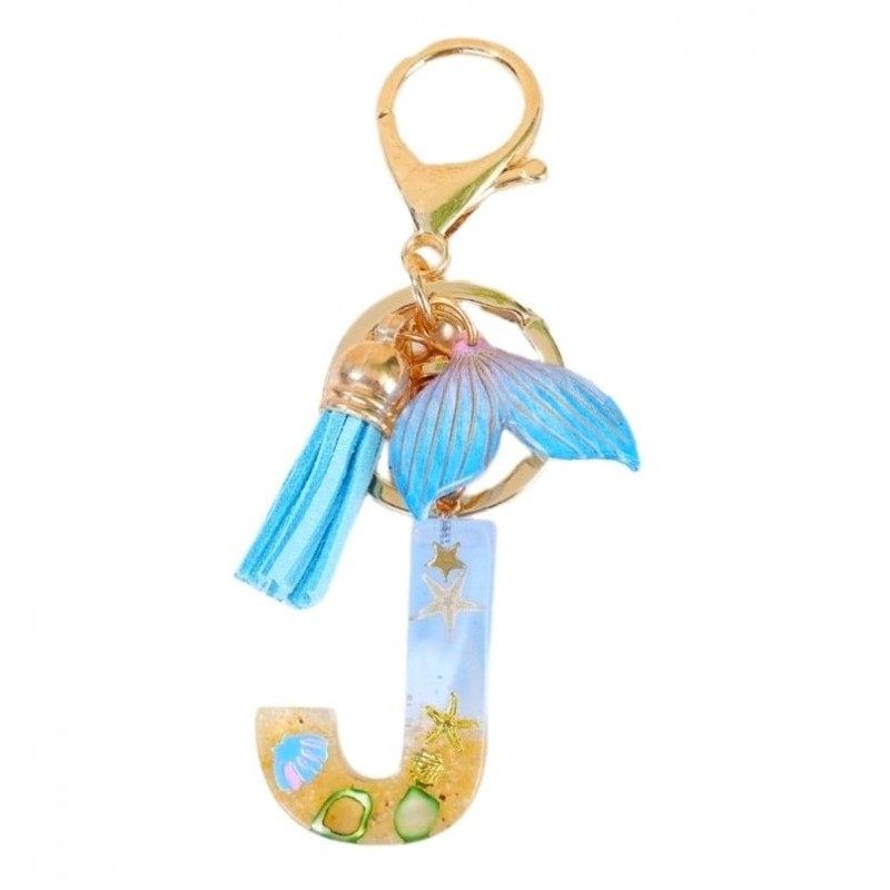 Brelok do kluczy LITERKA J, MORSKI, ogon syreny, muszelki, frędzle