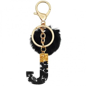 Brelok do kluczy LITERKA J, czarno-złota z pomponem, żywica