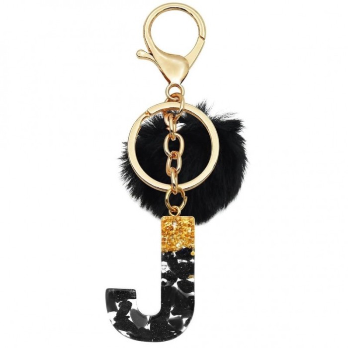Brelok do kluczy LITERKA J, czarno-złota z pomponem, żywica