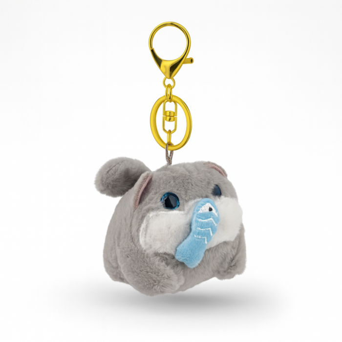 Brelok do kluczy - Kot łapiący rybę z kręconym ogonkiem, szary