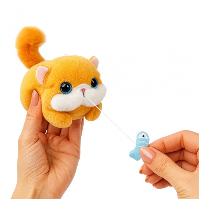 Brelok do kluczy - Kot łapiący rybę z kręconym ogonkiem, kremowy