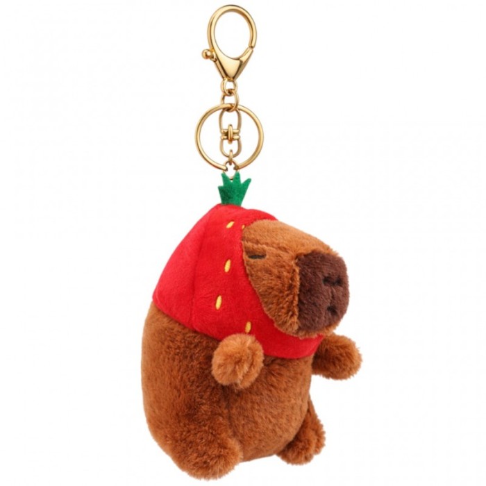 Brelok do kluczy pluszowa puchata Kapibara z czapką truskawka